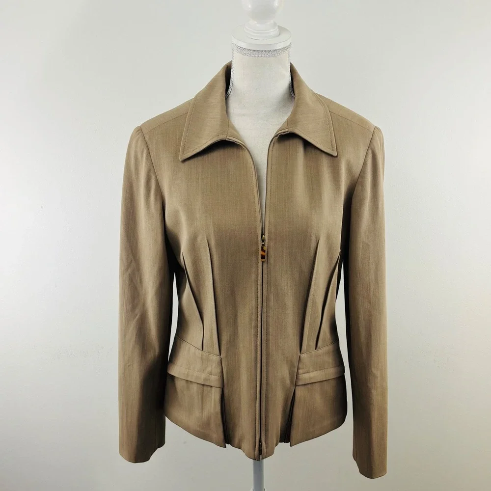 Etcetera Tan Wool Blend Zip Up Tailored Blazer Jacket Size 8 Pleated Waist